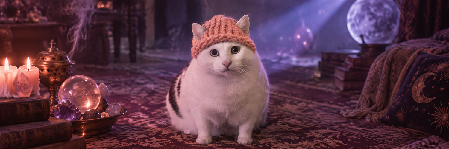 HUHWIFCAT sitting in a rose and violet room