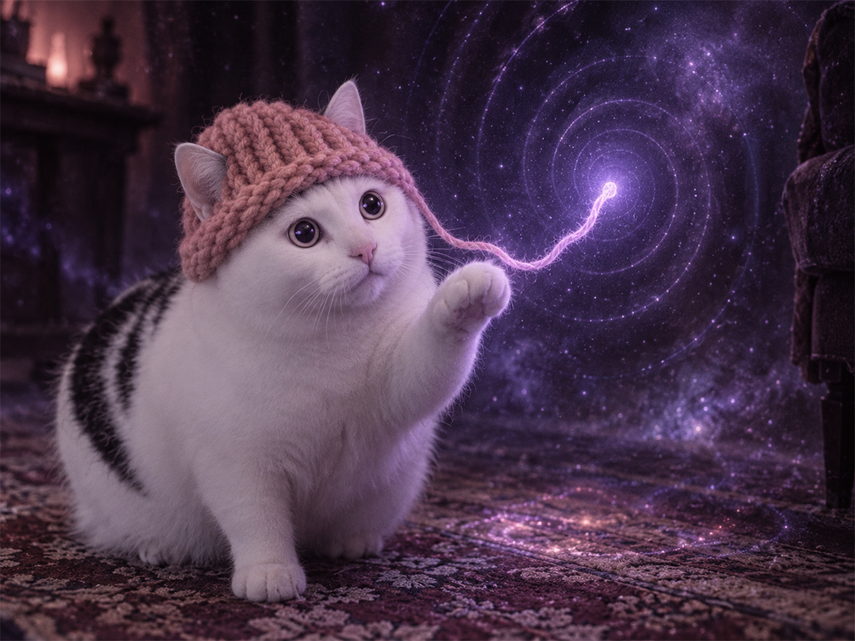 HUHWIFCAT touching a glowing yarn signal